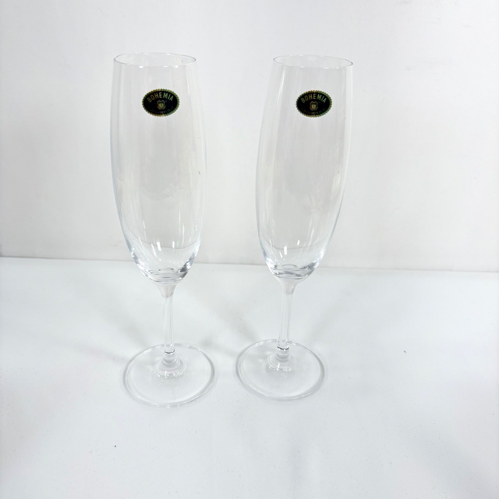 Bohemia Champagne Flutes Clear Crystal Stemmed Glass Set of 2 Czech Republic‎